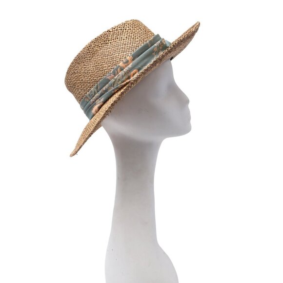 Vintage Straw Panama Hat Brim Woven ACTWU Union Made 80s Sage Peach Band Miami - Picture 8 of 10